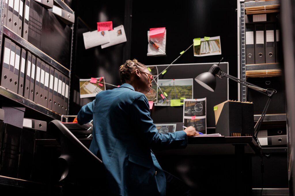 African american woman studying crime case and taking notes