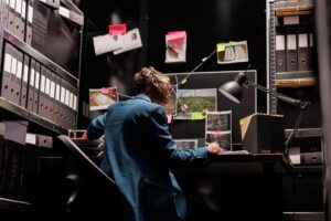 African american woman studying crime case and taking notes